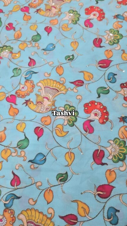 Kalamkari Position Work Cotton - Teal Blue